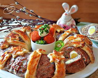 Пасхальное мясное кольцо с перепелиными яйцами по-польски
