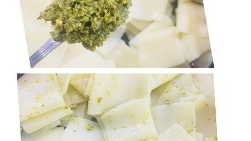 бесбармачная лапша с рыбой в соусе песто