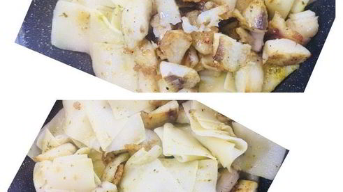 бесбармачная лапша с рыбой в соусе песто