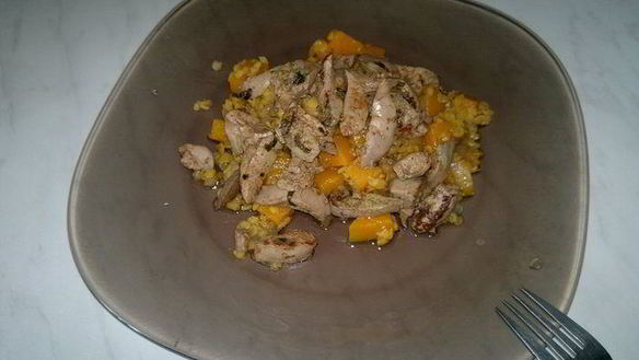 Рецепт Красная чечевица с луком, имбирем и тыквой, печень кролика с эстрагоном и паприкой