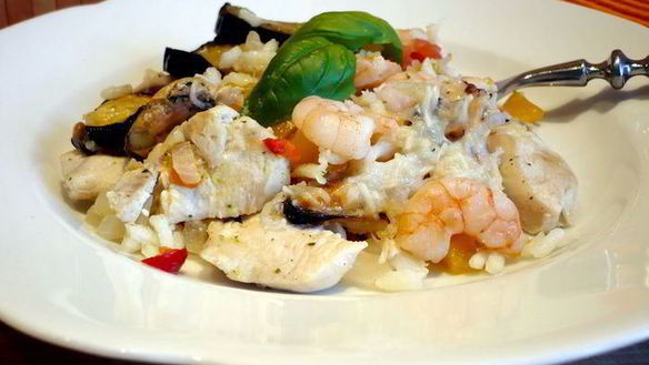 Рецепт Рис с баклажанами и морепродуктами Bella Испания