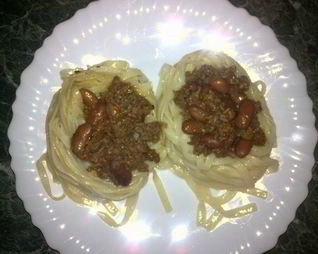 Макароны гнезда с начинкой