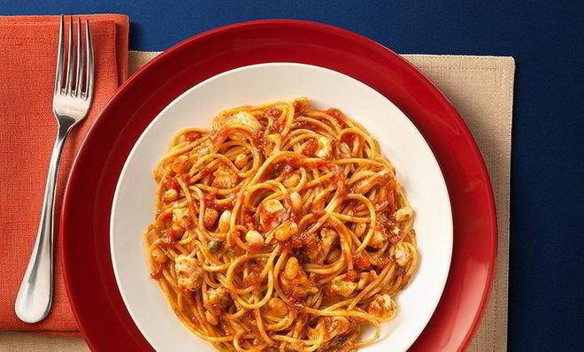 Спагетти с печенью трески