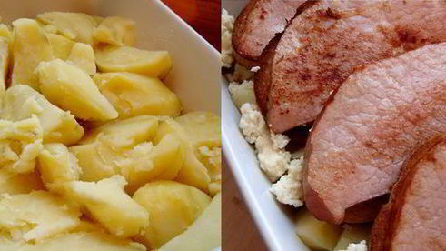 луковый гратен с картофелем и копченым мясом