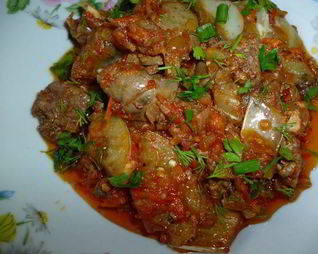 Куриная печень с белыми баклажанами