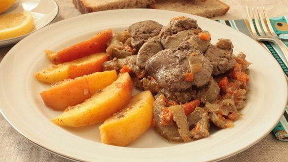 Рецепт Куриная печень с яблоками и баклажанами