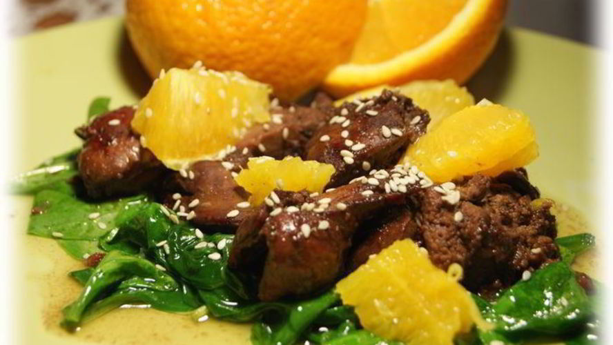 Рецепт куриная печень в медовом соусе со шпинатом