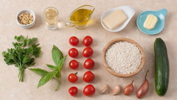 Рецепт Летнее ризотто с помидорами черри, цукини и кедровыми орешками