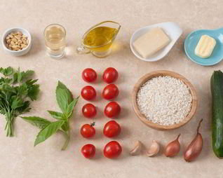 Летнее ризотто с помидорами черри, цукини и кедровыми орешками