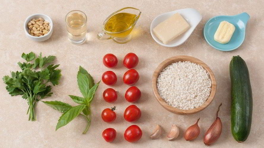 Рецепт летнее ризотто с помидорами черри, цукини и кедровыми орешками