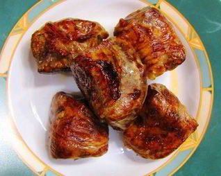 Шашлык из говяжьей печени в жировой сетке