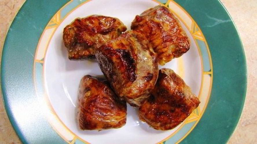 Рецепт шашлык из говяжьей печени в жировой сетке