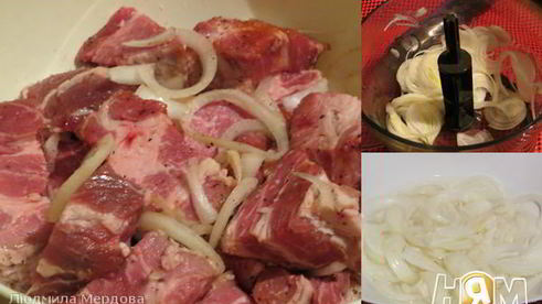 шашлык в духовке на подушке из маринованного лука