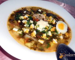 Зеленый борщ с курицей и томатом