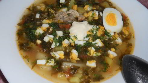 зеленый борщ с курицей и томатом