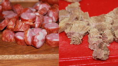 солянка с говяжьим сердцем и охотничьими колбасками