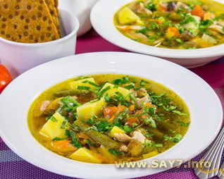 Суп с курицей, стручковой фасолью и грибами