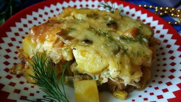 Рецепт Запеканка с курицей, грибами и луком-пореем