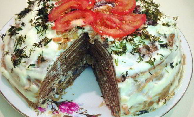 Печеночный торт с грибами