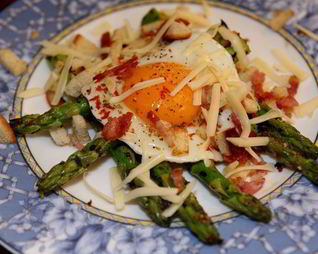 Жареное яйцо со спаржей и панчеттой